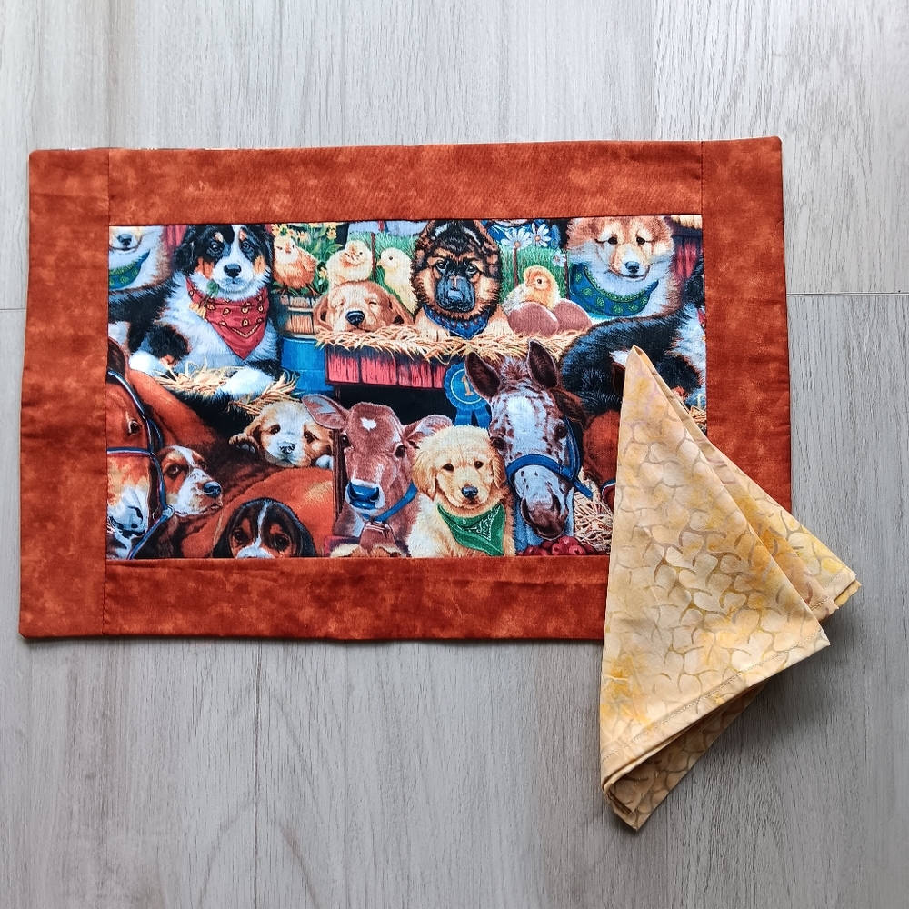 New Handmade Unique Cloth Table Placemat & Napkin Dog Themed Brown Yellow